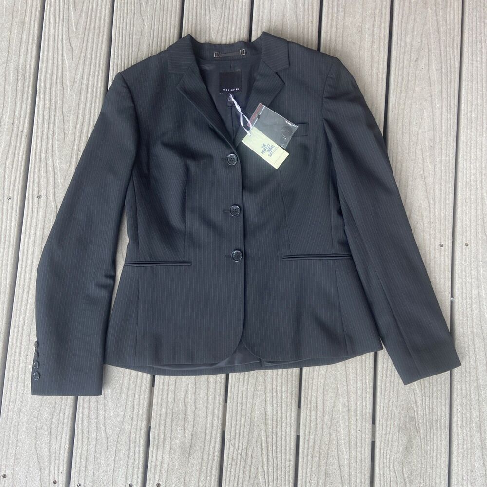 The Limited Women's Black Pinstripe Blazer Jacket Size 12 Washable Wool Blend